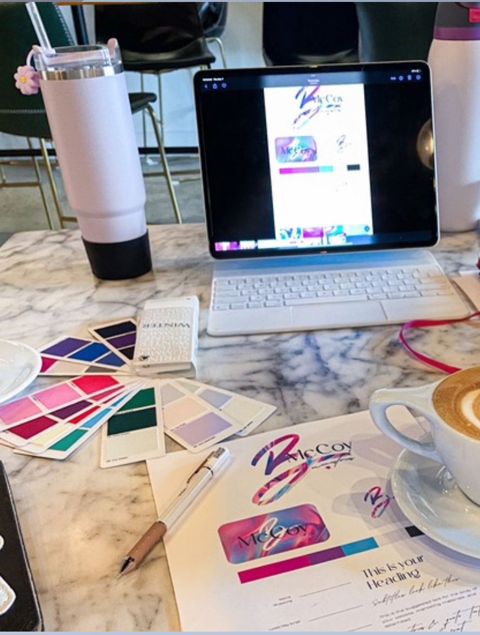 Brand identity design with colour swatches and logo proofs
