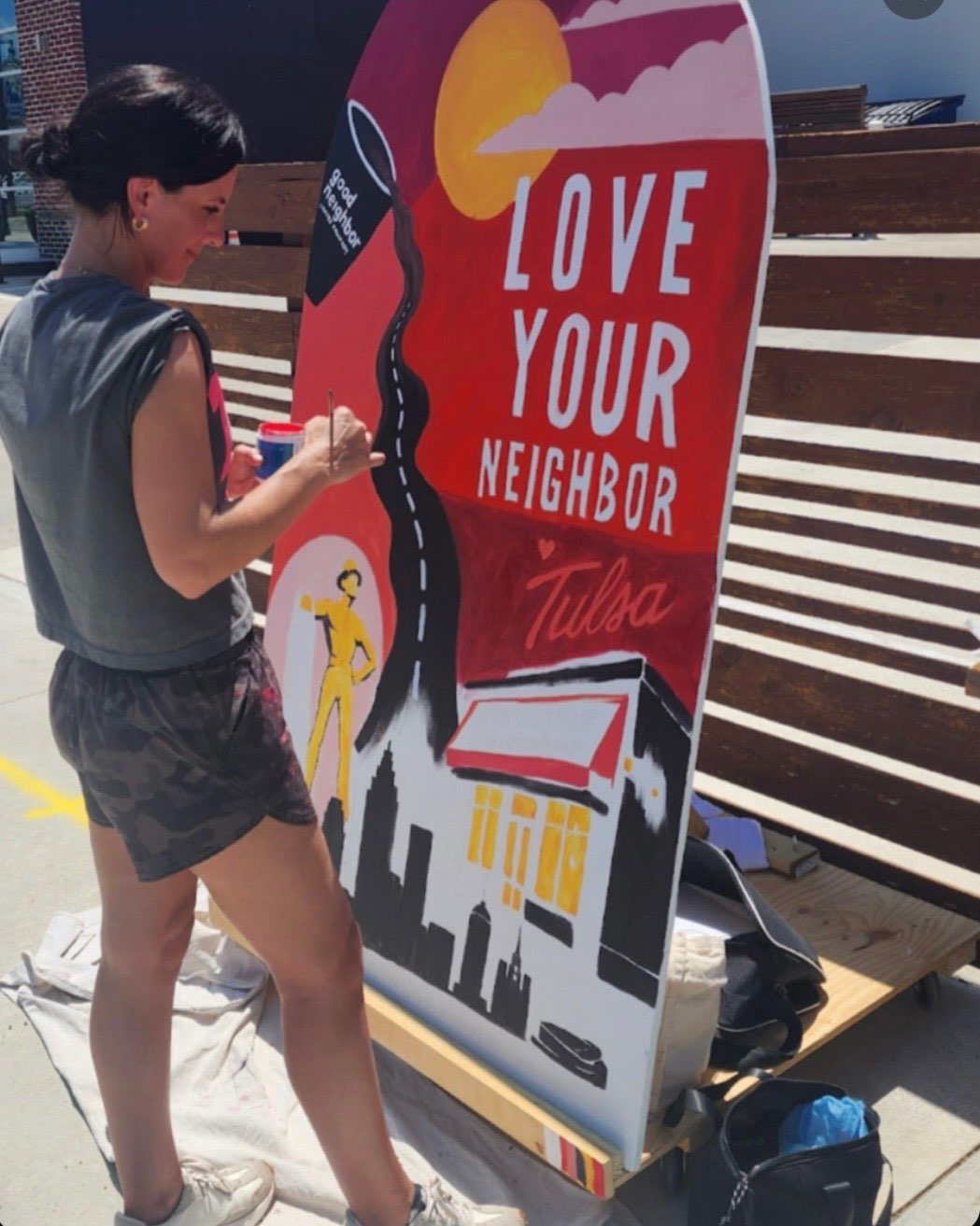 Brit Albin live painting the Route 66 centennial piece